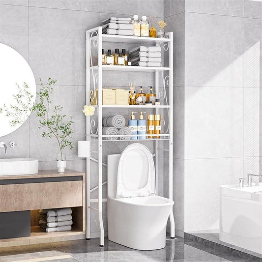 Over-The-Toilet Storage Rack 4-Tier,Bathroom Organizer Shelf Over Toilet,Adjustable Wooden Shelves and Basket,Freestanding Above Toilet Shelve,Space Saver for Rooms(White Rack-White Shelves) - ModernBath