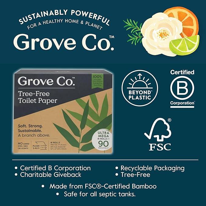 Grove Co. Bamboo Toilet Paper Tree Free & Septic Safe Bath Tissue, Ultra Soft, Durable, & Absorbent 3 Ply Sheets (1 Roll = 44.4 sq ft) Bulk Toilet Paper (Pack of 18 Rolls) - ModernBath