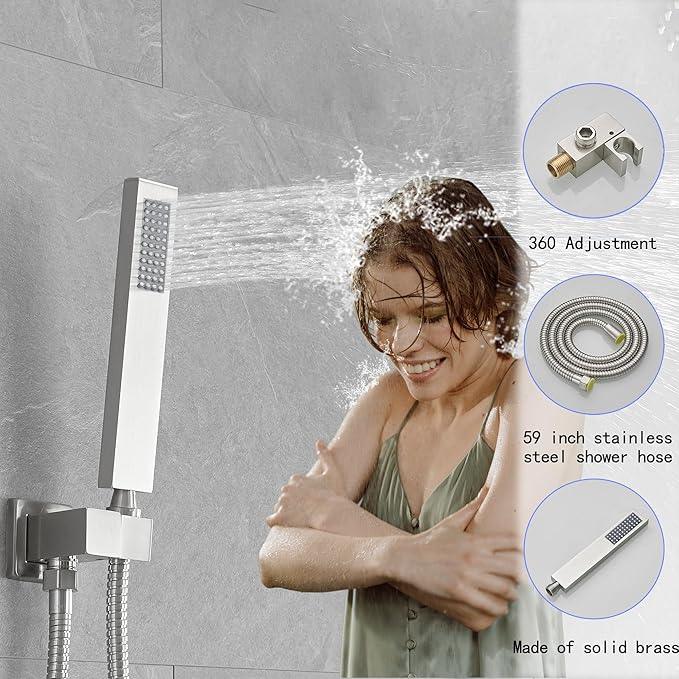 YCAIKOI Brushed Nickel Shower System, 8 Inch High Pressure Rain Shower with Handheld, Wall Mount Shower Faucet Set for Bathroom, Rough-in Valve Body and Trim Included - ModernBath