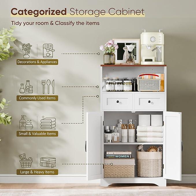 SUPER DEAL Farmhouse Storage Cabinet, Bathroom Floor Cabinet Kitchen Pantry with Doors and Drawers, Hutch Cupboard for Laundry, Living Room, Bedroom, White - ModernBath