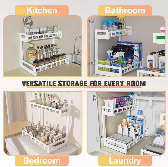 Under Sink Organizer 2 Pack, Metal Large Capacity 2-Tier Sliding Cabinet Storage Rack, Heavy-Duty Rust-Resistant Steel Frame, Holds 50 lbs Each, Adjustable Height 12–16", 14"D x 11"W for Home, White - ModernBath