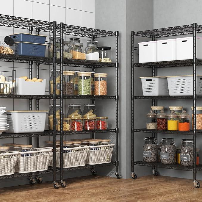 Homdox 5 Tier Metal Storage Shelves with Wheels, Heavy Duty Wire Shelving Unit, Adjustable Storage Racks with Side Hooks for Bathroom Kitchen Garage Pantry Organization, Black - ModernBath