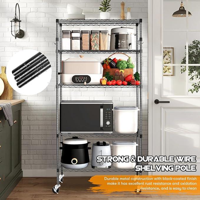 YNN Storage Shelves,1750Lbs 5 Tier Heavy Duty Metal Rolling Shelving Unit with Wheels & 8 Hooks, Adjustable Garage Wire Rack for Kitchen, Bathroom,Industrial,Pantry(36" W x 14" D x 72" H,Black) - ModernBath