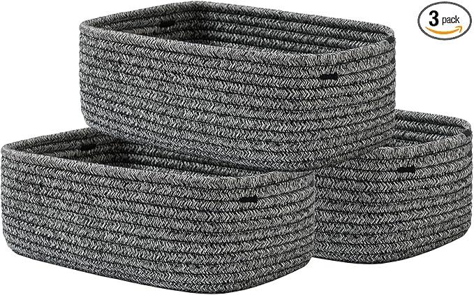 Small Woven Basket, 12 x 8 x 4.5 Inches, Storage Basket for Organizing, Cute Small Rope Shelf Closet Cube Storage Bins Baskets for Shelves, Dog Toy Gift Baskets Empty, 3 Pack Mixed Black - ModernBath