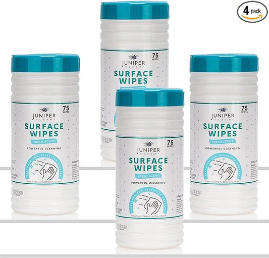 Juniper CLEAN 4 Pack Surface Cleaning Wipes Bleach Free, All-Purpose Cleaner for Bathroom, Kitchen, Office, 300 Count Canister, 7.5" x 7" Sheet, Fresh Scent, Lint Free & Durable - ModernBath