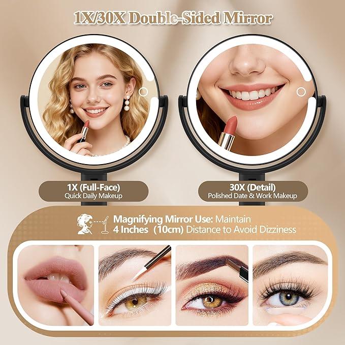 MOMOKUBA Makeup Mirror with Lights, Double Sided 1x/30x Magnifying Mirror with Light, Rechargeable 3 Color Lights and Adjustable Brightness, 360° Rotation Detachable Comes with Tweezer(Black) - ModernBath