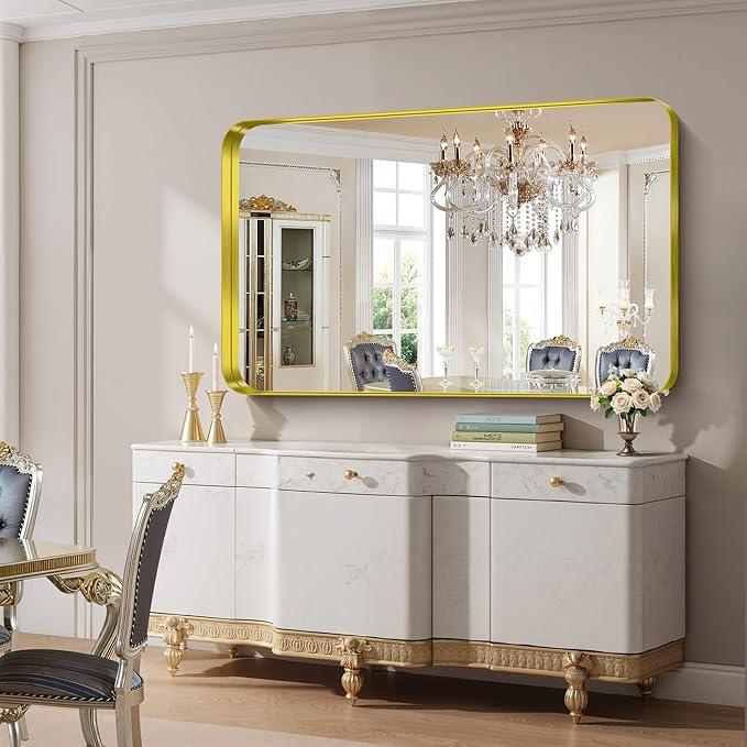 FORBATH 60x36 Inch Large Bathroom Mirror for Double Sinks, Brushed Gold Deep Frame Wall Mirror with Rounded Corners, Anti-Rust Tempered Glass for Modern Farmhouse Vanity (Horizontal/Vertical) - ModernBath