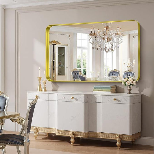 FORBATH 60x36 Inch Large Bathroom Mirror for Double Sinks, Brushed Gold Deep Frame Wall Mirror with Rounded Corners, Anti-Rust Tempered Glass for Modern Farmhouse Vanity (Horizontal/Vertical) - ModernBath