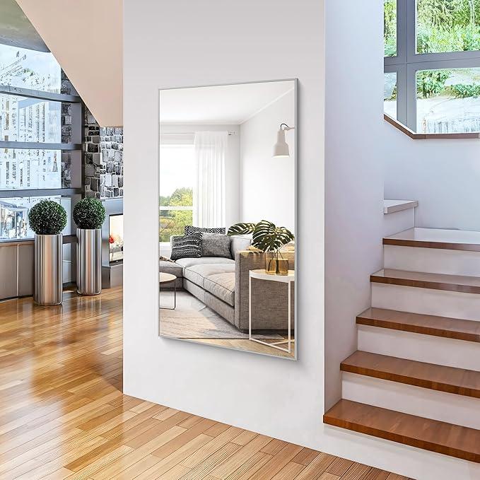 COFENY 36x60inch Brushed Nickel Bathroom Mirror, Silver Rectangle Mirror with Frame, Large Rectangular Wall Mirrors for Bathroom, Living Roomm, Hair Salon, Big Mirror Hang Horizontal/Vertical - ModernBath