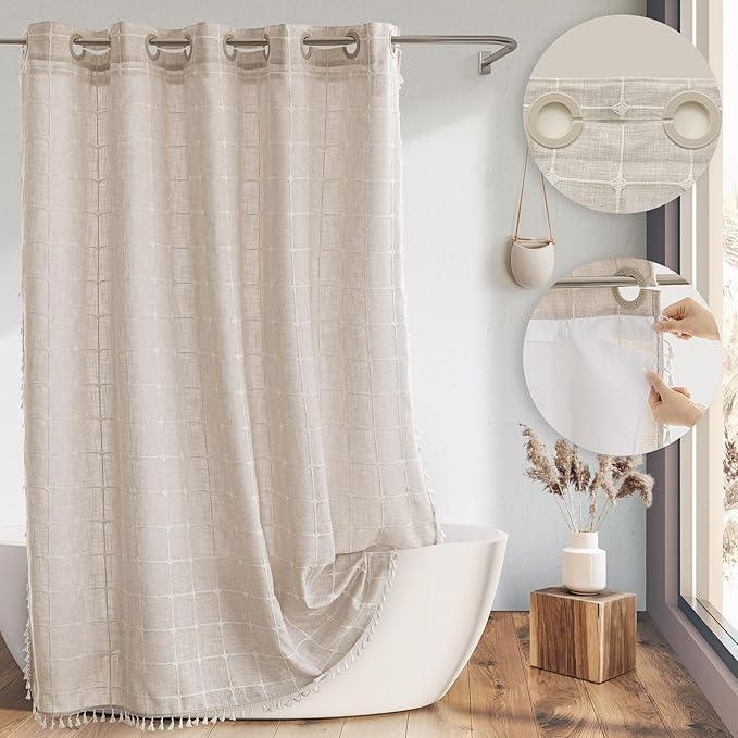 Farmhouse Shower Curtain with Snap-in Liner, No Hooks Needed,Boho Fabric Shower Curtains with Tassels for Rustic Neutral Bathroom Decor,with Magnets,Water Repellent&Machine Washable,Linen,71x74Inch - ModernBath