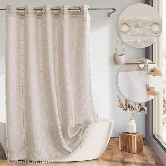 Farmhouse Shower Curtain with Snap-in Liner, No Hooks Needed,Boho Fabric Shower Curtains with Tassels for Rustic Neutral Bathroom Decor,with Magnets,Water Repellent&Machine Washable,Linen,71x74Inch - ModernBath