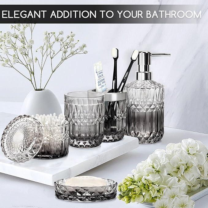 5-Piece Bathroom Accessory Set, Diamond Glass Bathroom Soap Lotion Dispenser, Toothbrush Holder, Tray, Jar, Tumbler, Luxury Vanity Organizer, Elegant Home Decor - ModernBath