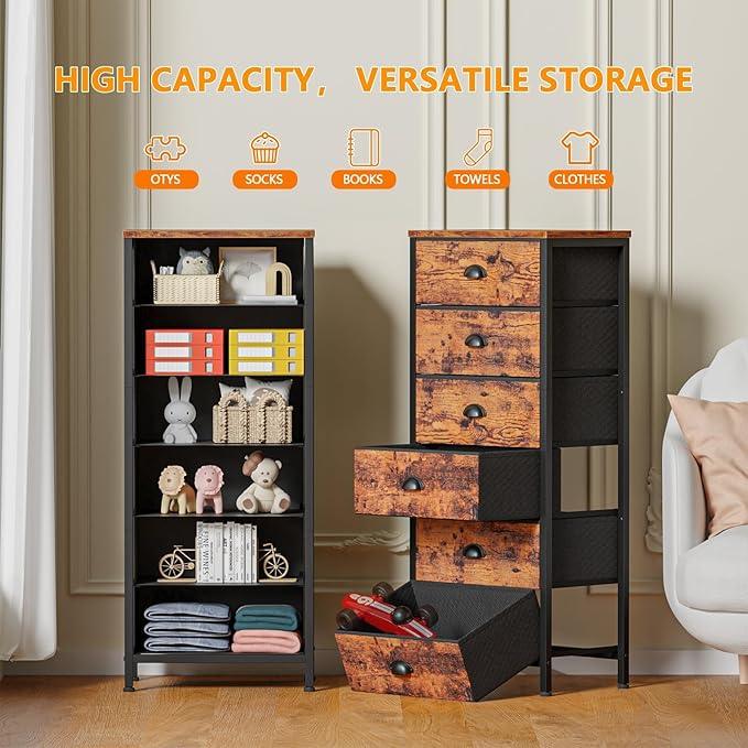 Furnulem Tall Dresser with 6 Drawers,Vertical End Table and Nightstand for Bedroom,Industrial Dorm Bedside Furniture with Fabric Storage Drawer Organizer in Living Room,Closet,Entryway(Rustic Brown) - ModernBath