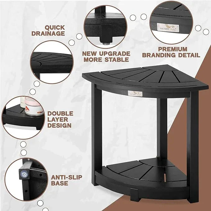 VICTORY RELAX Acacia Wood Corner Shower Stool - Waterproof Triangular Bathroom Bench with Storage Shelf & Soap Dish for Shaving, Black Wood (17.9x12.7x16.5) - ModernBath