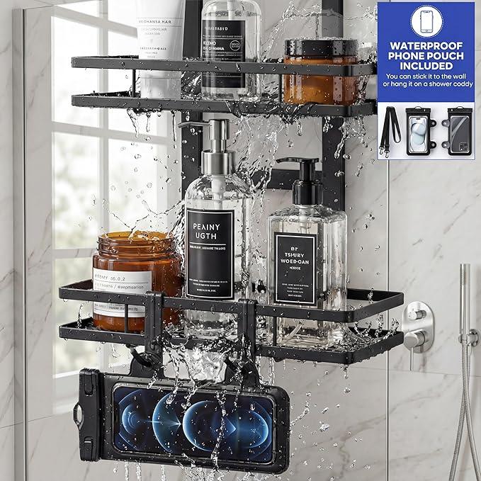 WEYALLE Over the Door Shower Caddy Hanging, Rustproof Shower Shelves with Waterproof Phone Pouch, 2-Tier Adjustable Bathroom Organizers and Storage, No Drilling Shower Shelf, Black Shampoo Soap Holder - ModernBath