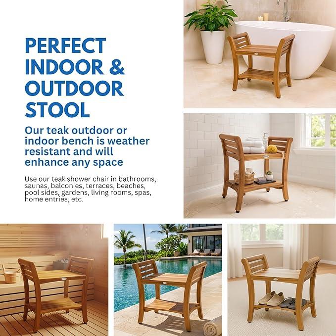 EcoDecors Symmetry 24 Inch Natural Color Waterproof Teak Wood Shower Bench Stool Seat Chair For Inside Shower Storage Shelf Provides Safety, Storage, and Organization For Bathroom Accessories - ModernBath