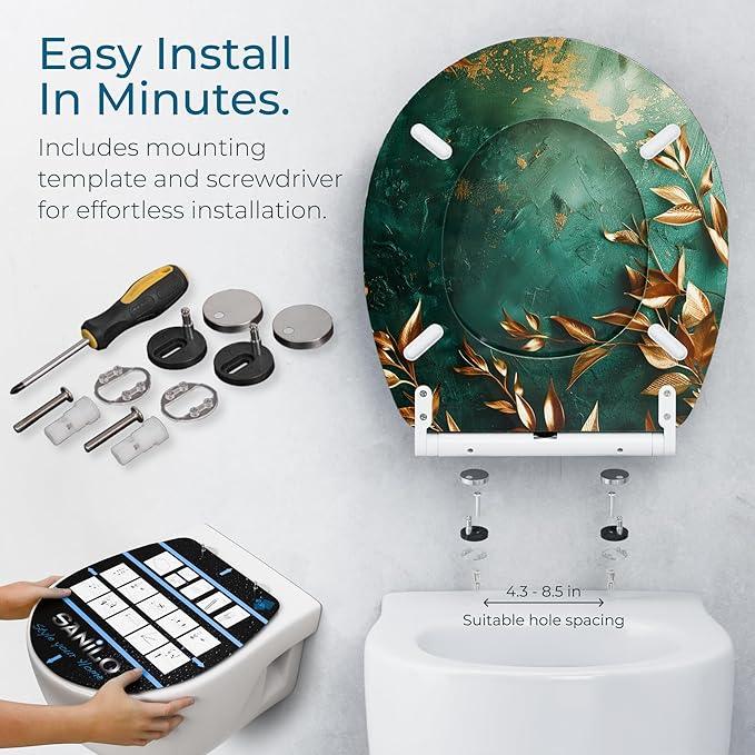 Sanilo Wooden Toilet Seat with Quick Release & Soft Close [ROUND] - Decorative & Slow Close Molded Wood Seat - With One Click for Easy Installation & Cleaning - With Adjustable Fit (Greego) - ModernBath