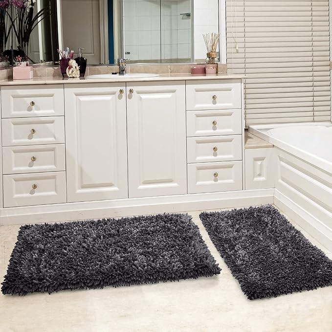 Yimobra Bathroom Rug Set 2 Piece, Luxury Shaggy Bath Mat Set with Non Slip Backing, Ultra Soft & Absorbent Mats for Bathroom Floor, Machine Washable, 44"x24"+24"x17", Dark Grey - ModernBath