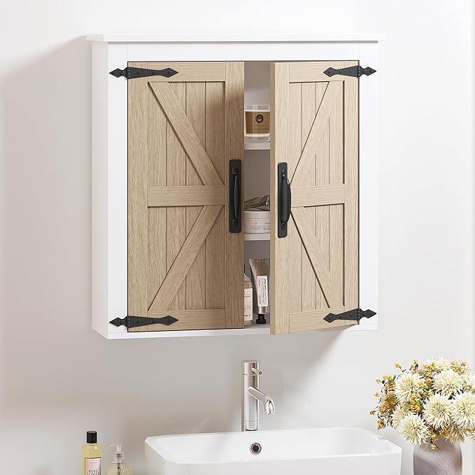 Spirich Bathroom Wall Cabinet Over Toilet, Farmhouse Wall Mounted Medicine Cabinet Organizer with Wood Grain Barn Doors and Adjustable Shelves - ModernBath