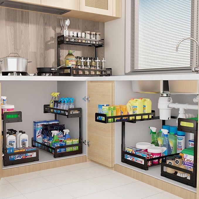 Under Sink Organizer 2 Pack, Metal Large Capacity 2-Tier Sliding Cabinet Storage Rack, Heavy-Duty Rust-Resistant Steel Frame, Holds 50 lbs Each, Adjustable Height 12–16", 14"D x 11"W for Home, Black - ModernBath