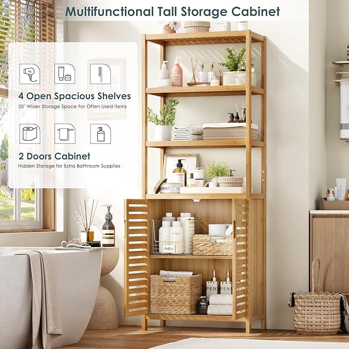HIFIT Tall Bathroom Storage Cabinet, 66" Bamboo Narrow Bathroom Floor Cabinet with 2 Door & 4-Tier Open Shelves, Corner Tall Cabinets Freestanding Organizer Unit for Bath, Living Room, Entryway,Nature - ModernBath