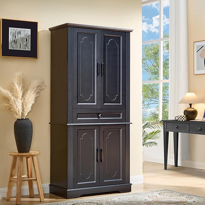 71" Black Tall Pantry Cabinet with Drawer and Adjustable Shelves, Modern Storage Cabinet with Doors, Kitchen Buffet Cabinet, Food Pantry Storage Cabinet, Coffee Bar, Living Room and Dining Room - ModernBath
