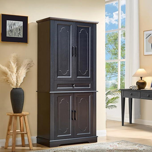 71" Black Tall Pantry Cabinet with Drawer and Adjustable Shelves, Modern Storage Cabinet with Doors, Kitchen Buffet Cabinet, Food Pantry Storage Cabinet, Coffee Bar, Living Room and Dining Room - ModernBath