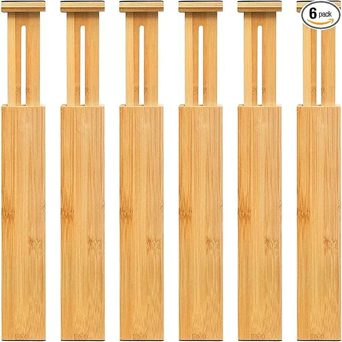 VaeFae 6-Pack Bamboo Drawer Dividers – Adjustable 14"-19.1" (Fits 15"-18" Drawers ONLY), Spring-Loaded Expandable Organizer for Kitchen, Bedroom, Office & Bathroom, MUST MEASURE Before Purchase | 6 Pack, Adjustable, Expandable, Organization - ModernBath