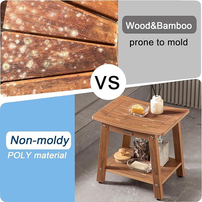 HDPS Shower Bench Seat for Inside, Waterproof Poly Lumber Shower Stool for Shaving Legs, Bathroom Foot Rest with Storage Shelf, Plastic Bath Chair Seat for with Adjustable Feet, No Maintenance, Brown - ModernBath