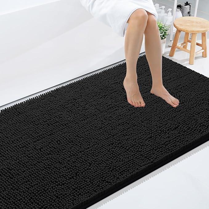Smiry Luxury Chenille Bathroom Rugs 59x35, Extra Soft and Absorbent Shaggy Bath Mat, Machine Washable, Non-Slip Plush Carpet Runner for Tub, Shower, and Floor, Home Decor Accessories, Black - ModernBath