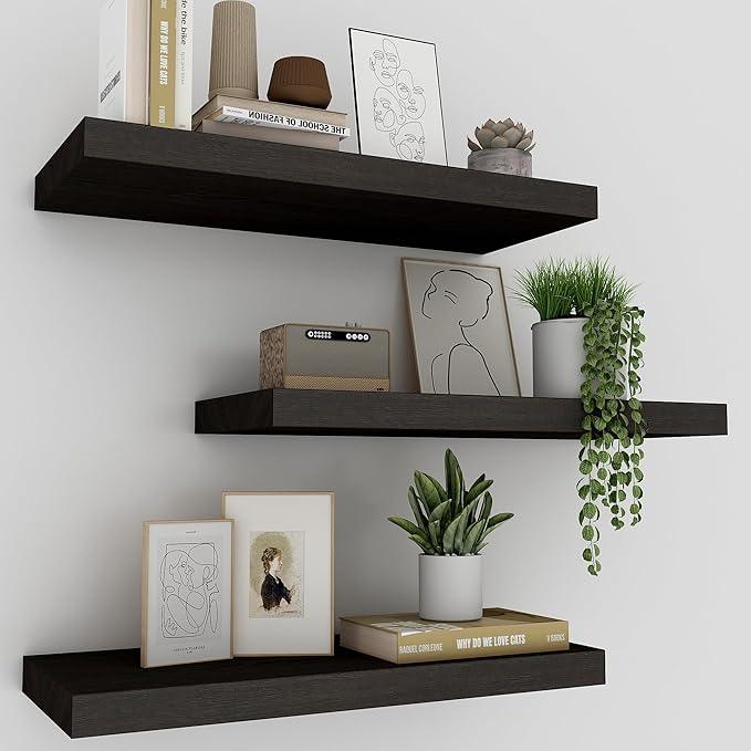 Floating Shelves for Wall Set of 3, 16" Black Wall Shelves for Home Decor, Frame Display Floating Shelf for Living Room, Bedroom, Bathroom, Kitchen - ModernBath
