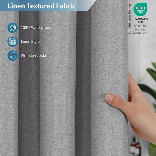 THAIGEE 2-in-1 Waterproof Long Fabric Shower Curtain or Liner,Linen Textured,78 Inch Breathable TPU & Washable Bathroom Shower Curtain Set with 12 Plastic Hooks,Modern,72"x78" Grey - ModernBath