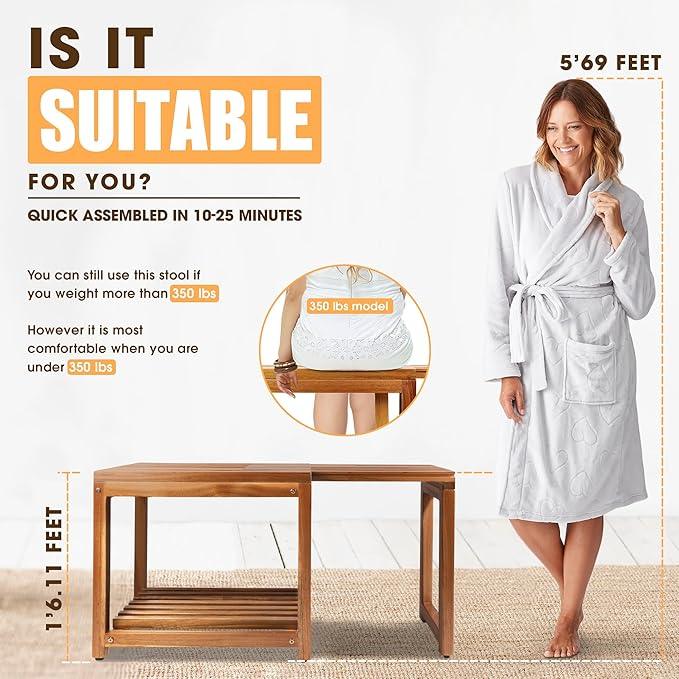Adjustable Length 35 Inches Shower Stool Bench Chair Waterproof with Storage Shelf for Shaving Legs, Spa, Bath Seat in Bathroom, Inside Shower for Adults Seniors Elderly (Large 35 in) - ModernBath
