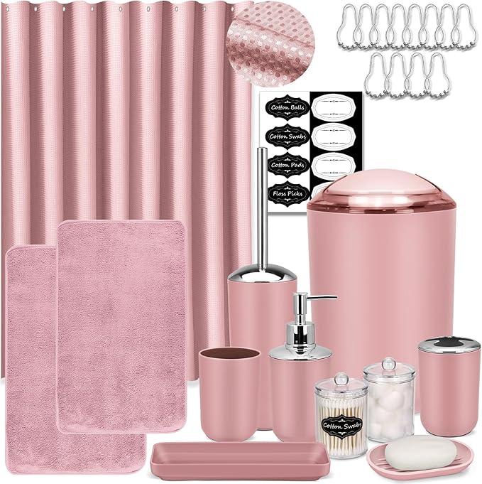 IMAVO Pink Bathroom Accessories,Non Slip Super Absorbent Rugs and Waterproof Shower Curtain with Hooks,Complete Bathroom Set for Bathroom Décor - ModernBath