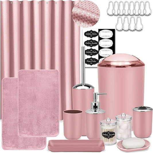 IMAVO Pink Bathroom Accessories,Non Slip Super Absorbent Rugs and Waterproof Shower Curtain with Hooks,Complete Bathroom Set for Bathroom Décor - ModernBath