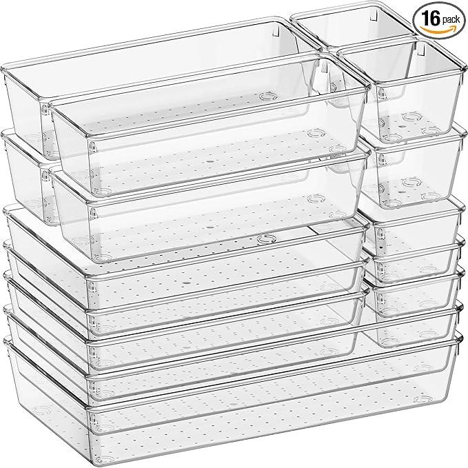 Criusia 16 Pack Large Clear Plastic Drawer Organizer Bins - 5 Size Acrylic Bathroom and Vanity Organizers and Storage Trays for Makeup Office Home, Kitchen Drawer Organizer for Utensils, Gadgets - ModernBath