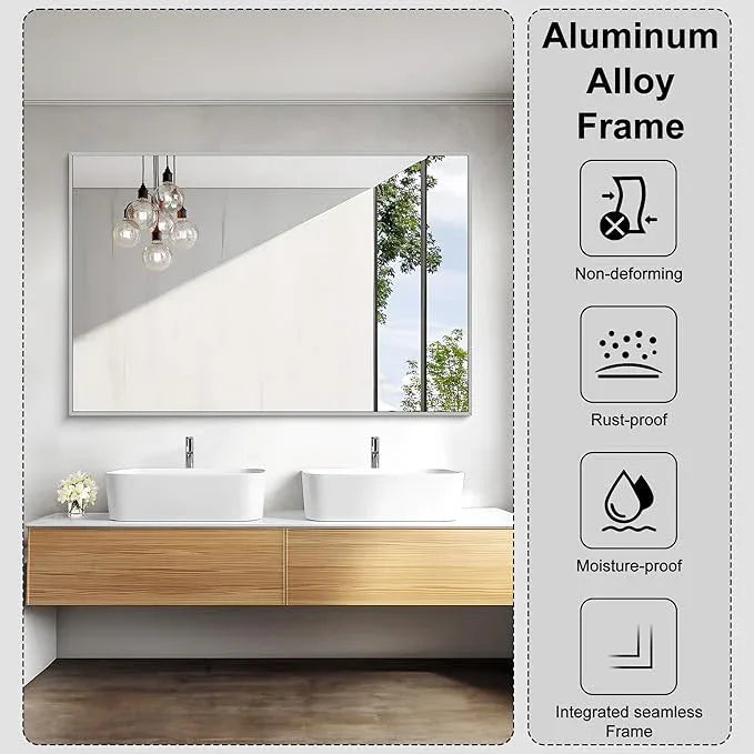 KOCUUY Silver Bathroom Mirror, 55"x36" Large Rectangle Bathroom Mirror for Wall, HD Tempered Glass, Anti-Rust Brushed Silver Frame, Modern Design for Bathroom, Bedroom, Hang Horizontal/Vertical - ModernBath