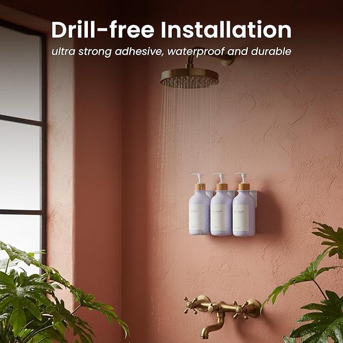 MaisoNovo Shampoo and Conditioner Dispenser - Shower Soap Dispenser Wall Mounted - 16.9 fl oz Set of 3 White Plastic Bottles Bamboo Pump - 3 Chamber No Drill - ModernBath