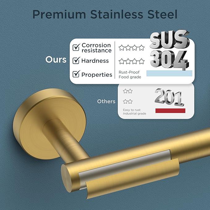 FORIOUS 4 Piece Bathroom Accessories, SUS304 Stainless Steel Double Post Pivoting Toilet Paper Holder, Towel Ring and 2 Towel Hooks, Wall Mounted Bathroom Hardware Set (Dark Gold) - ModernBath