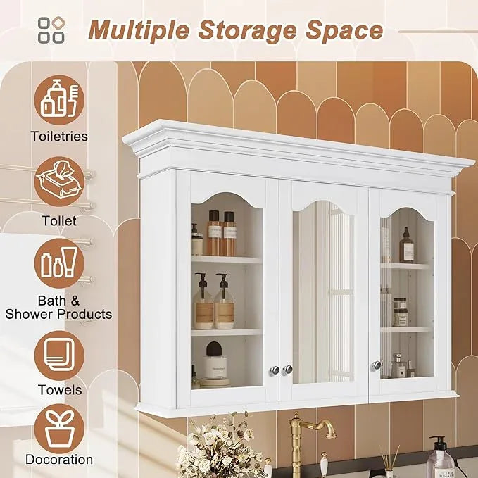 Merax Wall Mounted Bathroom Medicine Cabinet with Mirror, 40" x 28" Bathroom Wall Cabinet with Storage, Glass Doors and Adjustable Shelves, Mirrored Door Over The Toilet Storage Cabinet - ModernBath