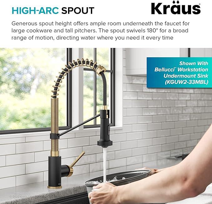 KRAUS Bolden Commercial Style 2-Function Single Handle Pull Down Kitchen Faucet in Brushed Brass/Matte Black, KPF-1610BBMB - ModernBath