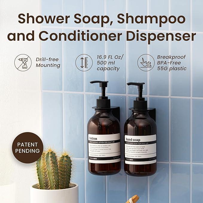 MaisoNovo Shampoo and Conditioner Dispenser - Shower Soap Dispenser Wall Mounted - 16.9 fl oz Set of 2 Amber Plastic Bottles Black Pump - Shampoo Dispenser, Shower Dispenser 2 Chamber No Drill - ModernBath