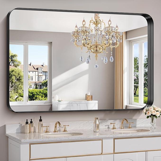 FORBATH 60x40 Inch Large Bathroom Mirror for Double Sinks, Brushed Black Deep Frame Wall Mirror with Rounded Corners, Anti-Rust Tempered Glass for Modern Farmhouse Vanity (Horizontal/Vertical) - ModernBath