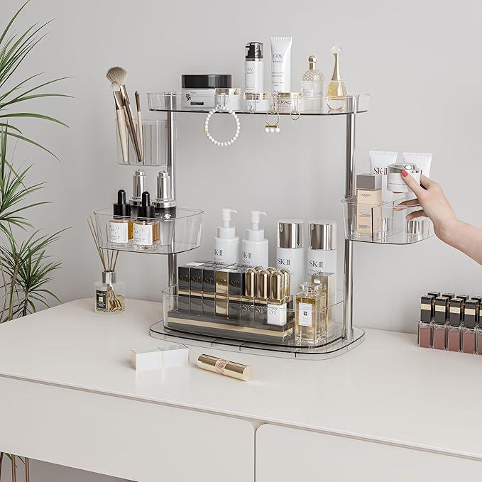 ACRYDECOR Clear Acrylic Makeup Organizer, Multi-Tier Cosmetic Storage Rack with Side Containers, Large Capacity Skincare Holder for Bathroom Counter, Vanity & Desk - ModernBath