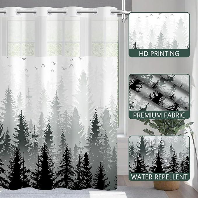 NAEMBCU No Hook Landscape Shower Curtain with Snap-in Liner, Green Misty Forest Bath Curtain with See Through Top, Waterproof Double Layer for Bathroom Decor, 71 x 74 Inch - ModernBath