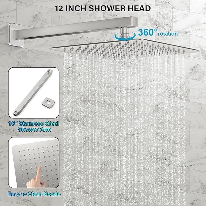 FPXRNG Shower Faucet Set Bathroom Square Rain Shower Head and Handle Set, Wall Mounted Shower Fixtures, Full Metal Trim Repair Kit 12 inch Brushed Nickel (With Shower Valve) - ModernBath