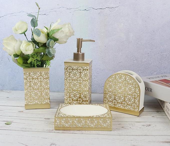 Hymmah Gold Bathroom Accessories Set,Farmhouse Bathroom Decor,4 Pcs Resin Gift Set Apartment Necessities, Contain Cotton Swab Jar,Soap Dispenser,Tumbler，Soap Dish/Tray - ModernBath