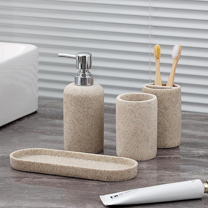 Bathroom Accessories Set, Bathroom Organizer Countertop, Soap Dispenser and Toothbrush Holder, Mouthwash Cup, Tray Set, Vanity Tray for Bathroom, 4 Pieces Modern Decor (Beige) - ModernBath