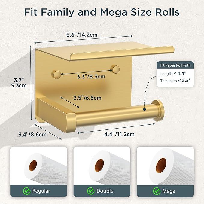 Toilet Paper Holder with Shelf, Adhesive or Screw Wall Mount Toilet Paper Roll Holder for Bathroom, 304 Stainless Steel Commercial Toilet Tissue Roll Dispenser with Phone Shelf (Brushed Gold) - ModernBath