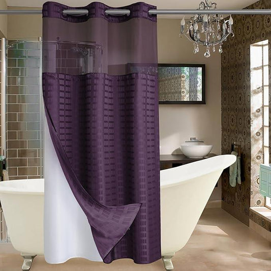 Conbo Mio Stall No Hook Shower Curtain with Snap in Liner Set, Hotel Luxury Purple Shower Curtains for Bathroom with See Through Top Window, Waterproof, Washable 36W x 74H - ModernBath